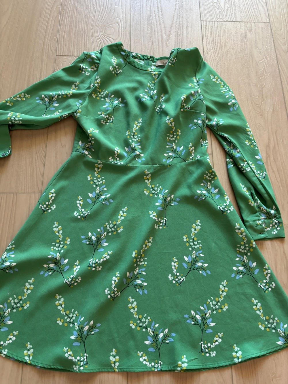 LOFT Green Floral Long-Sleeve Fit-and-Flare Dress